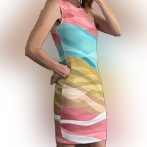 VENUS Pink and Blue Wave Pattern Midi Dress large like new !